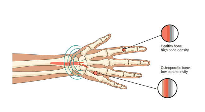 Medical diagram of a human hand comparing healthy high bone density to osteoporotic low bone density to explain bone health and disease.
