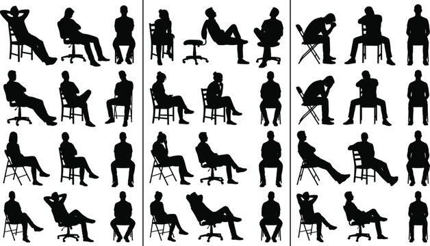 Collection of Men and Women Silhouettes Sitting in Various Poses on Different Chairs for Business and Lifestyle Graphics