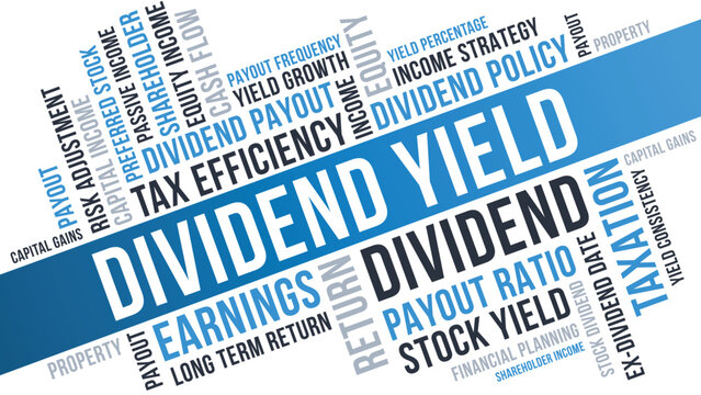 Dividend Yield Word Cloud Design for Investment, Income, Payout, Finance. Dividend Yield Blue Graphic