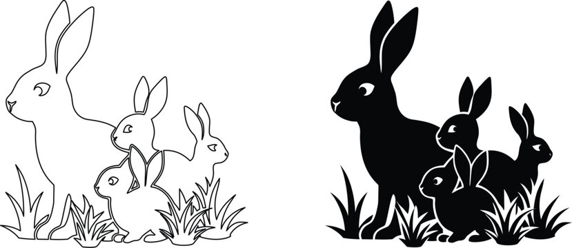 Rabbit and bunnies outline and silhouette graphic illustrations on a transparent background.