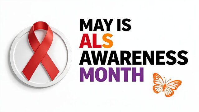 Red awareness ribbon and butterfly graphic design highlighting may as the designated month for global als disease medical support advocacy