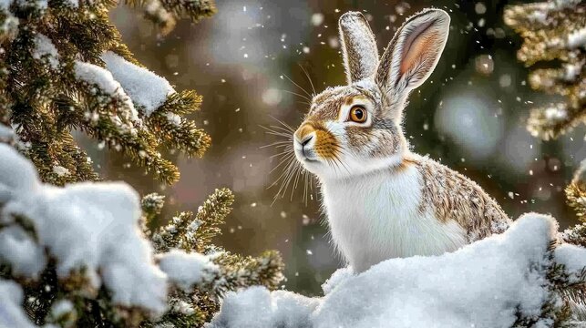 Snowshoe hare peering out from behind snowy branches in winter