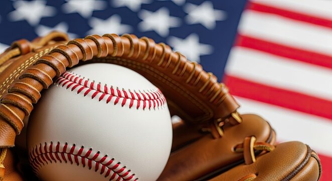 4th of july independence day united states baseball glove and ball with american flag background