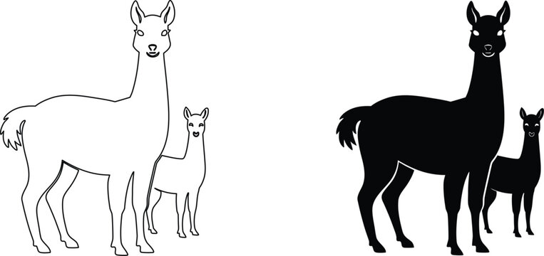 Set of line art and silhouette illustrations of mother llamas standing with their small babies.