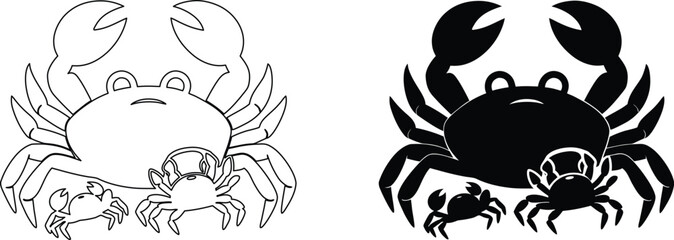 Set of silhouettes showing family groups of crabs isolated on white background art works. © Aroti
