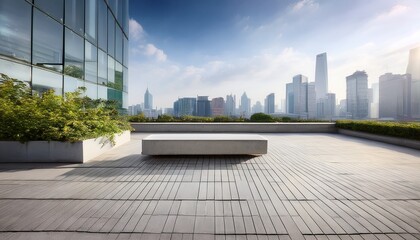 modern minimalist concrete bench in urban plaza with skyscraper view