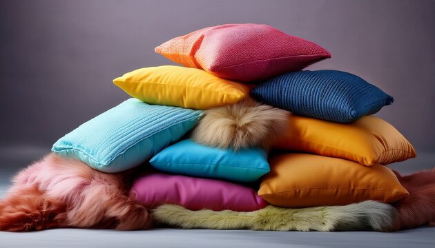 stack of colorful cushions on cozy blanket and neutral background