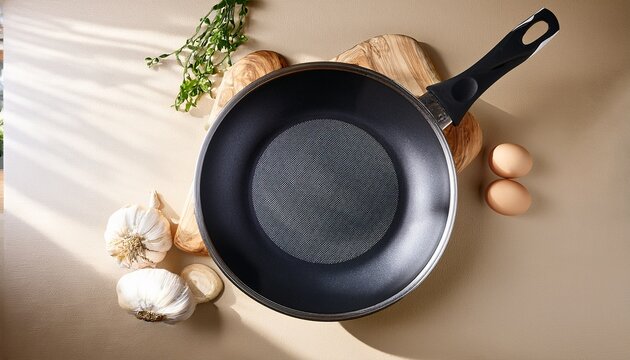 modern non stick frying pan on beige kitchen countertop