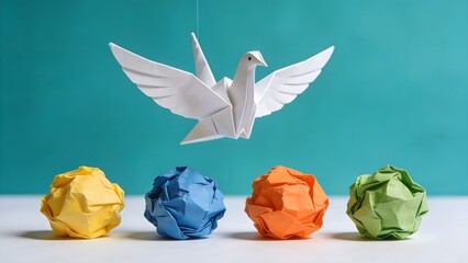Fototapeta premium A delicate white origami paper crane gracefully soars above a row of colorful crumpled paper balls, symbolizing transformation and creative potential.