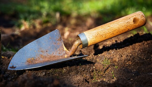 a close up of a muddy garden trowel with a rusted blade and a wooden handle perfect for gardening and landscaping projects