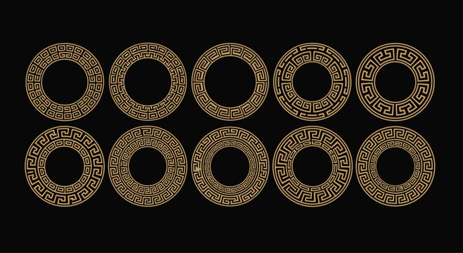 Set of circular decorative borders featuring golden greek meander and fret patterns displayed elegantly on a dark black background for classic design.