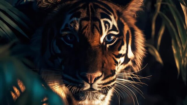 Majestic wild tiger with intense blue eyes hiding among jungle leaves at night. An extreme close up of a fearsome big cat predator looking directly at the camera with a threatening growl