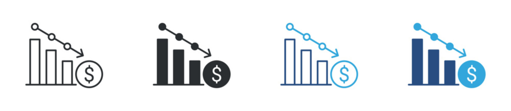 Lower expenses icon set. declining bar chart with dollar symbol. cost reduction and financial savings concept. vector illustration.