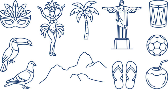 Brazil and Rio de Janeiro Icons Set with Carnival Mask, Samba Dancer, Christ the Redeemer, Palm Tree, Football, and Tropical Symbols for Vector Design