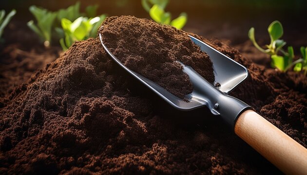 a garden shovel resting on a pile of dark soil ideal for landscaping and gardening projects