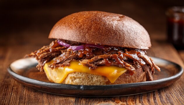 juicy beef brisket sandwich with melted cheese and caramelized onions