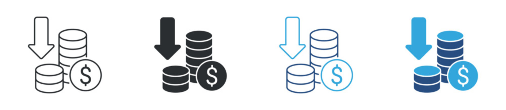 Reduce costs icon set. stacked coins with downward arrow and dollar sign. expense reduction and budgeting concept. vector illustration.