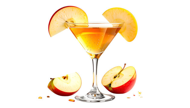Martini-style cocktail with apple slices as garnish, on black background