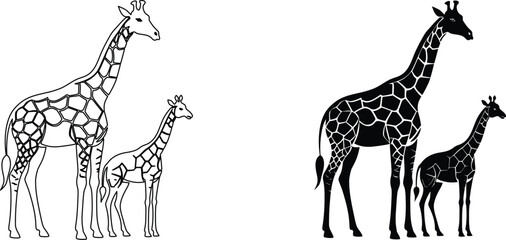 African giraffe and calf silhouettes with intricate skin pattern line art isolated on white. © Aroti