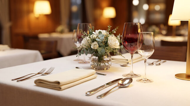 A beautifully set table in a restaurant with white linens silverware wine glasses and a floral centerpiece