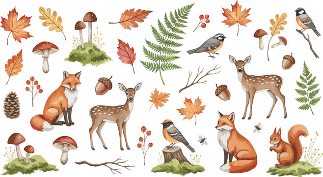 Collection of Various Insects, Butterflies, Bees, Moths, and Beetles, Including Leaves, Ants, and Twigs for Nature and Ecology Illustrations