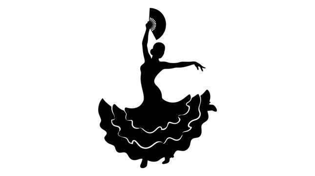 Silhouette of a Flamenco Dancer with a Fan in a Ruffled Dress