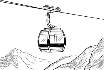 Hand-drawn of a cable car suspended over a mountain landscape gondola lift © Papri_stock