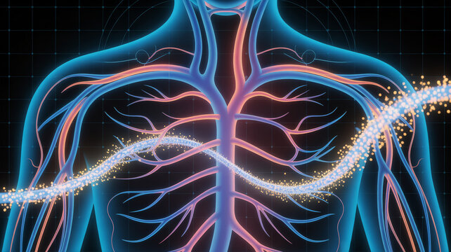 Human body with glowing blue and pink veins and arteries on a black background with a grid pattern
