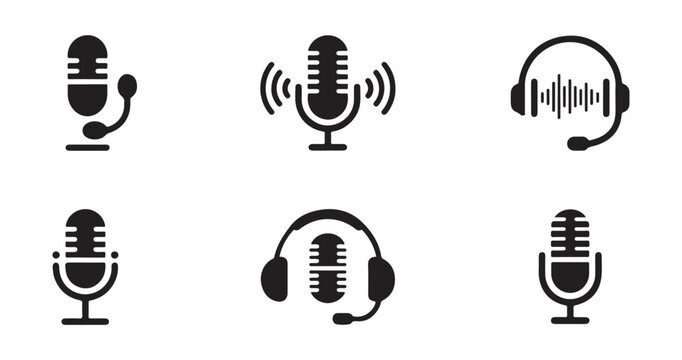 Podcast equipment icons featuring studio microphones and professional headsets with sound wave for audio media.