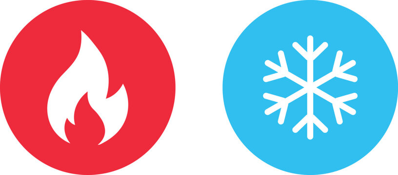 Hot and Cold Temperature Icons Set with Fire Flame and Snowflake Symbols for HVAC and Climate Control