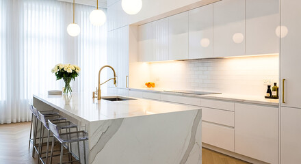 Modern luxury kitchen interior featuring white marble island gold faucet acrylic stools and elegant minimalist cabinetry
