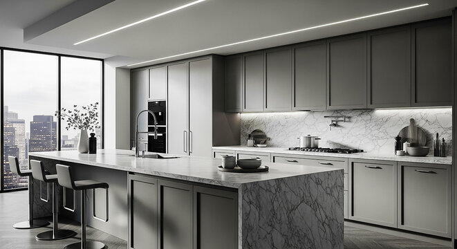 Modern luxury kitchen interior design with grey cabinets marble waterfall island bar stools city skyline home renovation