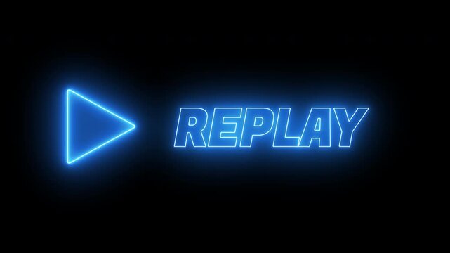 Animasi cahaya neon teks "Replay" pada latar belakang hitam. Konsep siaran langsung, permainan putar ulang aksi.