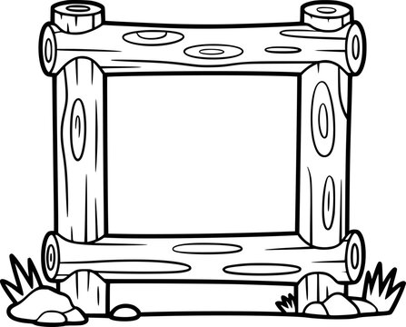 Rustic log frame border with wood grain and rocks, outline