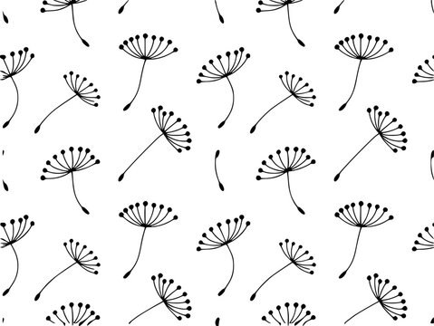 Seamless pattern of black dandelion seeds floating white background