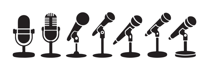Professional microphone silhouette icons set showing various studio stands and handheld models for recording. © Masudur