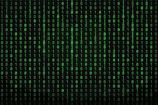 Abstract Digital Background with Dense Green Binary Code Matrix Pattern on Black Backdrop, Representing Data Stream, Computer Programming, Cybersecurity, Hacking, and Modern Technology Concepts.