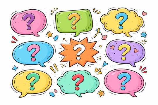Colorful Hand Drawn Doodle Speech Bubble Set with Question Marks. Collection of Vibrant Comic Style Chat Bubbles for FAQ, Help, Support, and Communication Concepts. Vector Graphic Illustration.