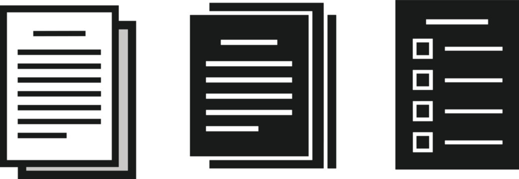 Document file and checklist icon set with paper report symbols flat vector illustration collection