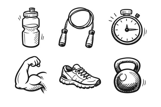 Hand Drawn Fitness Training Sketch Icon Collection in Black. Set of Water Bottle, Jump Rope, Stopwatch, Muscle Arm Bicep, Running Shoe Sneaker, and Kettlebell for Gym Workout and Exercise Design.