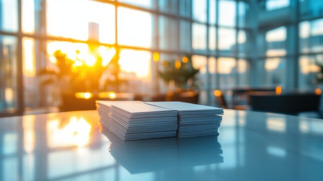 Stack of white health insurance cards on a reflective table