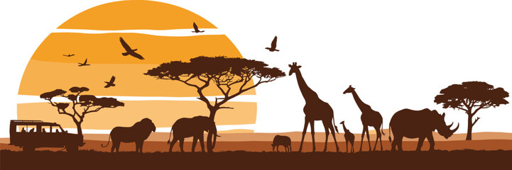 African Safari Scene With Animals And Sunset Silhouette © Nishan