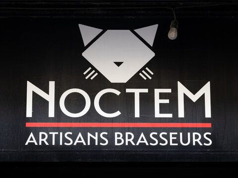 
Quebec City, Quebec, Canada, April 26, 2026 - The&nbsp;NOCTEM Artisans Brasseurs (NOCTEM Craft Brewery) sign over its entrance at 438 Du Parvis Street in the Saint-Roch district