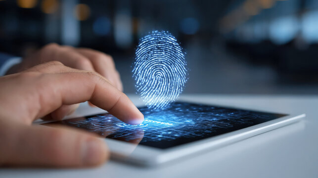 Fingerprint sensor authentication on tablet screen, biometric security access with hand interaction and holographic fingerprint display