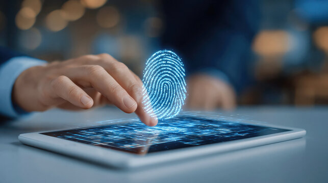 Fingerprint security access touch sensor on tablet with glowing biometric hologram and human hand scanning for authentication