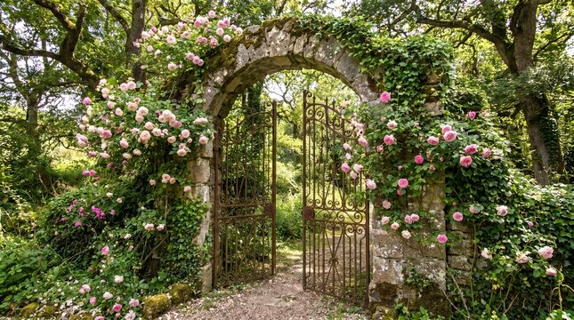 A charming ancient stone archway adorned with vibrant roses and lush greenery in a serene garden
