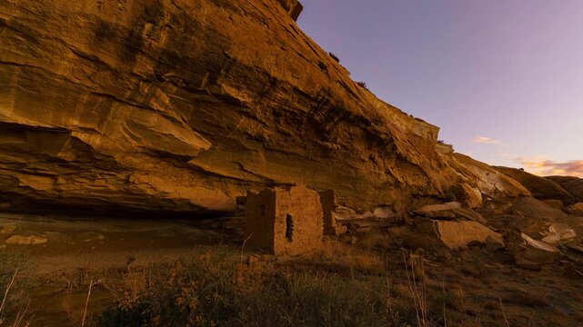 Timelapse of morning sun on Native American ruins in Chaco Canyon in New Mexico, USA