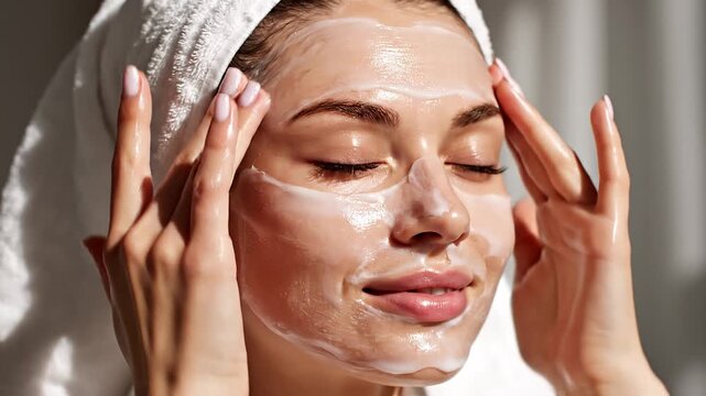 Close up of a beautiful woman applying a white cream face mask with her fingers and smiling