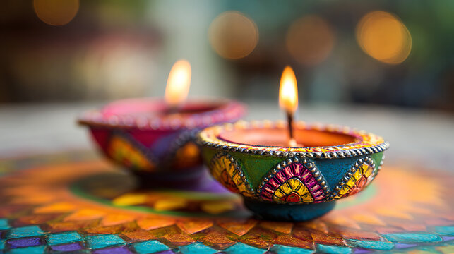 Vibrant Diwali lamps illuminating colorful rangoli patterns, festive celebration, warm glow, artistic design, copy space