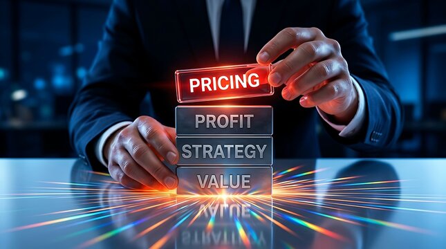 Corporate hands stacking glowing digital blocks prioritizing pricing symbolizing modern technological business strategy and profit maximization